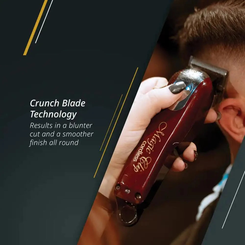 Hair clipper being used on a person with text about Crunch Blade Technology.