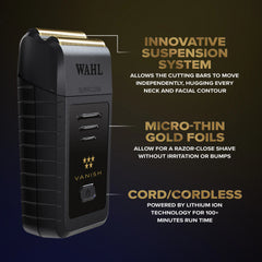 Wahl hair trimmer with features highlighted on a dark background