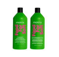 Two green bottles labeled 'matrix food for soft', one for shampoo and one for conditioner, each with a capacity of 1000ml.