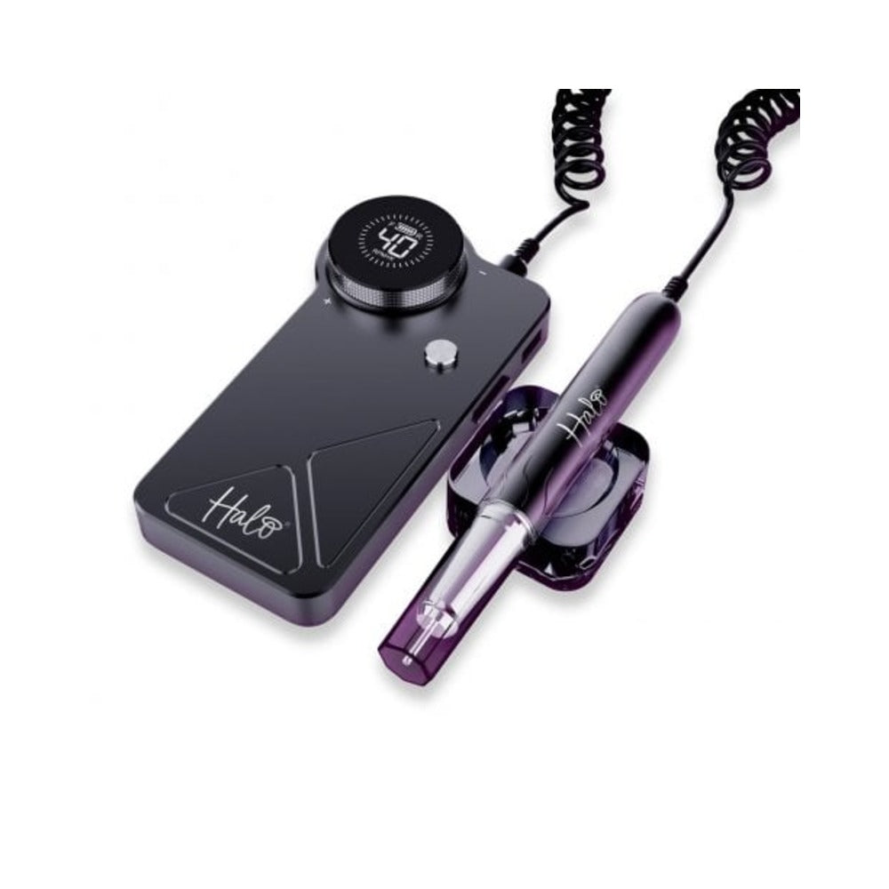 An electric nail file with a black and purple color scheme, featuring a handpiece and a control unit with a Halo logo.