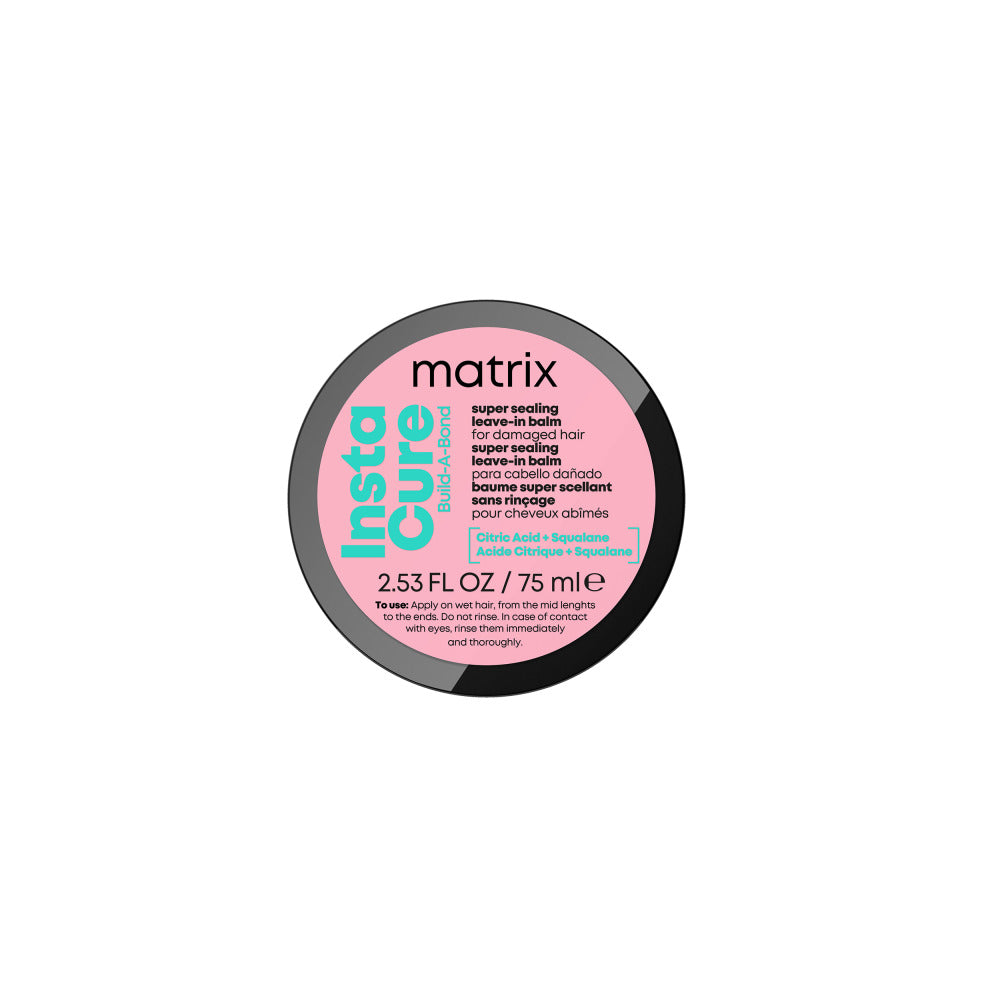 “Pink Matrix Insta Cure Build‑A‑Bond leave‑in balm tub on a white background, 75 ml