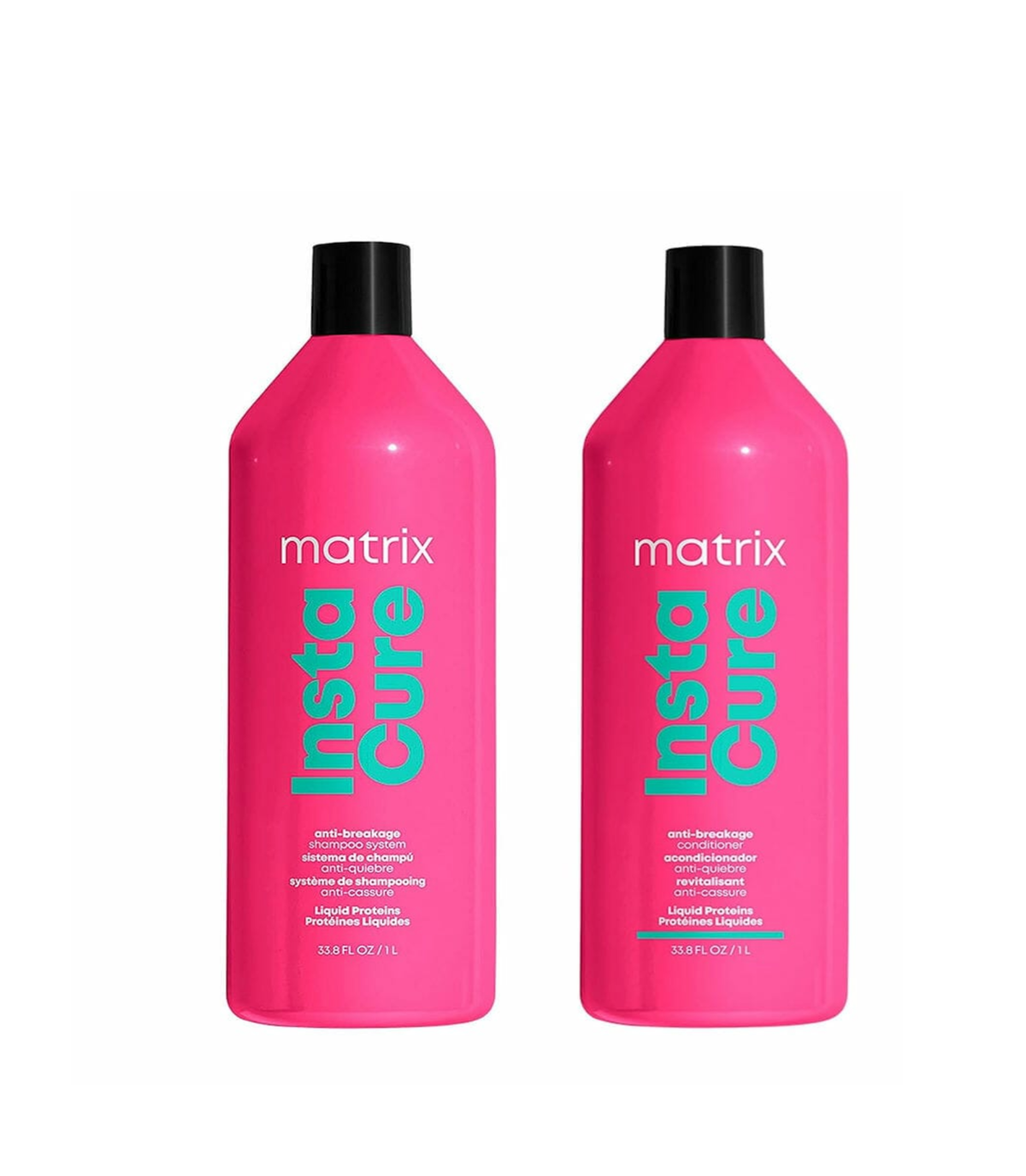 Two pink bottles labeled 'matrix Instacure' for shampoo and conditioner, each with a capacity of 1000ml.