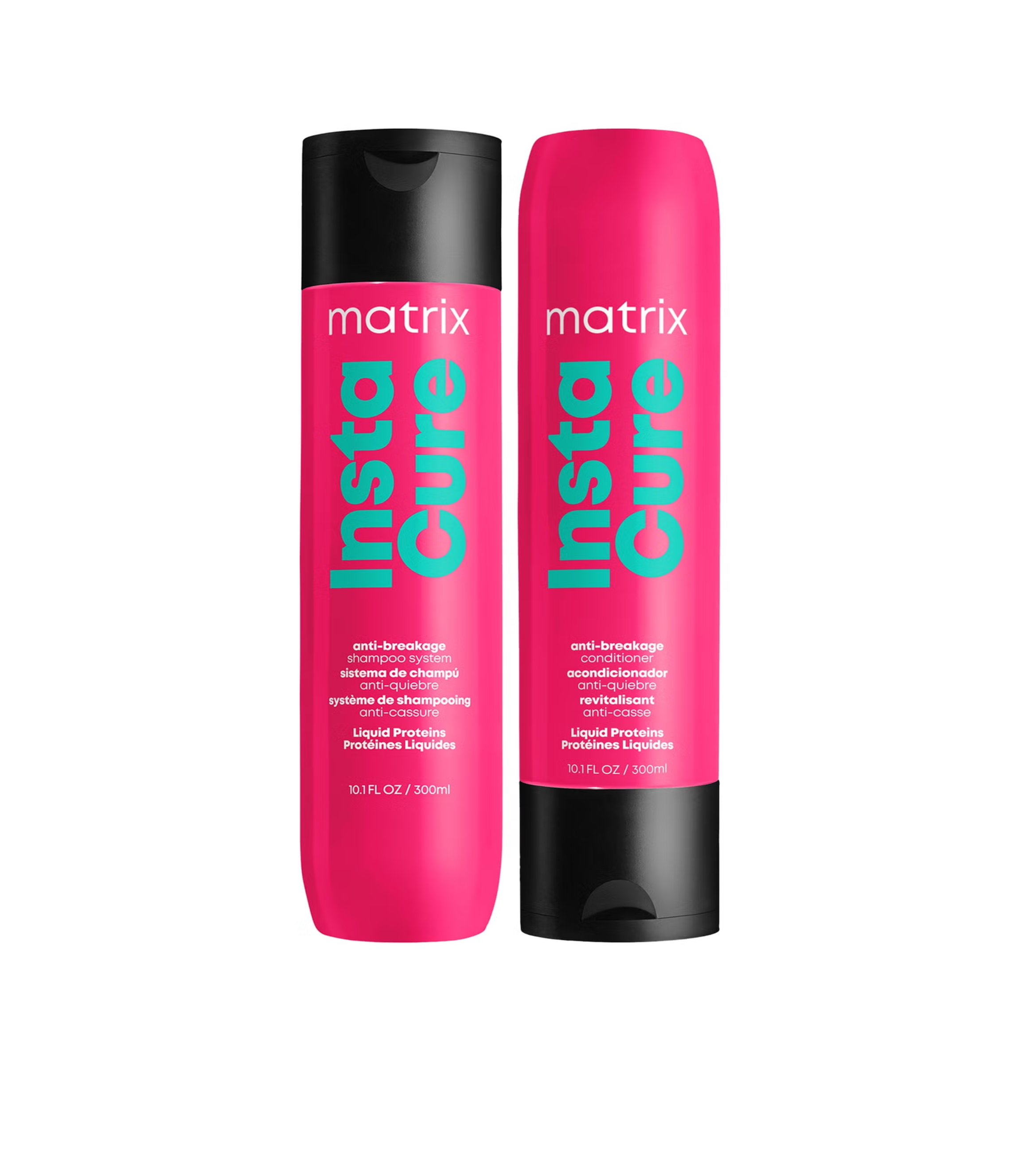 “Two pink Matrix Instacure bottles—anti‑breakage shampoo and conditioner—on a bright pink background.