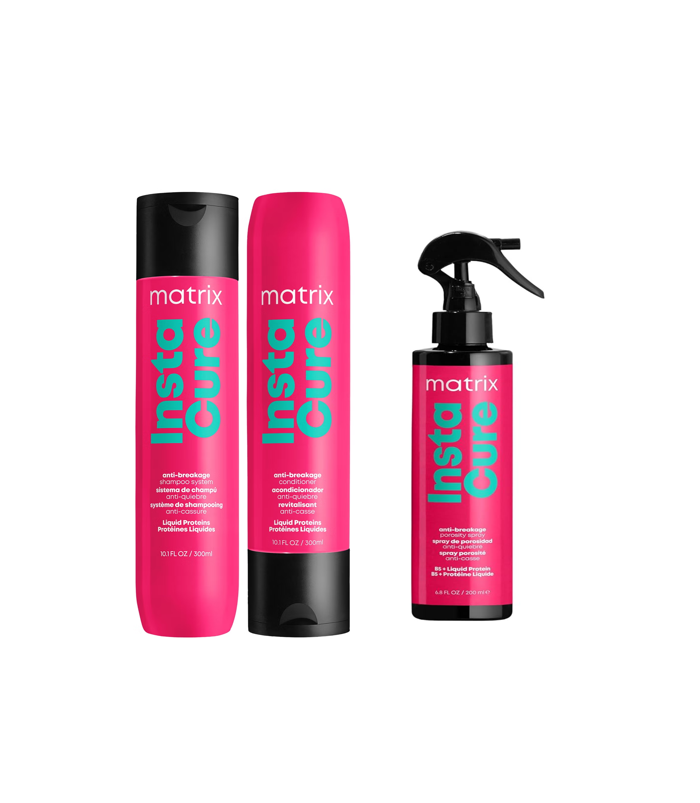 A set of hair care products from Matrix, including a pink shampoo bottle, a pink conditioner bottle, and a black spray bottle.