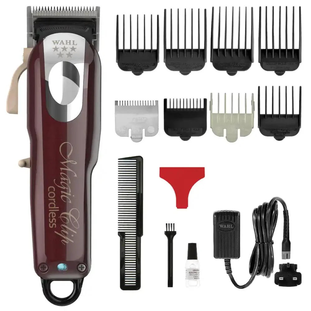 Wahl Magic Clip cordless hair clipper set with attachments on a white background