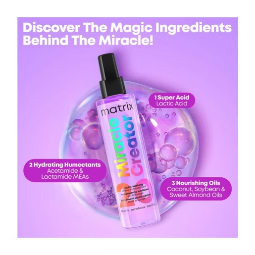 Matrix Miracle Creator hair oil bottle shown on a purple promotional graphic with text callouts about ingredients and a translucent bubble background.