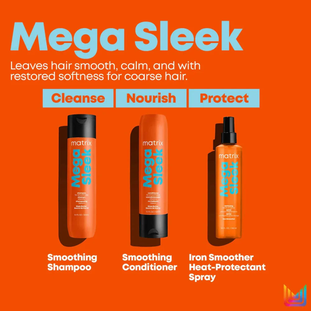 Promotional graphic for Matrix Mega Sleek haircare on a bright orange background, showing three orange bottles and a spray bottle labeled Cleansing Shampoo, Smoothing Conditioner, and Iron Smoother Heat-Protectant Spray under the headline 'Mega Sleek'.