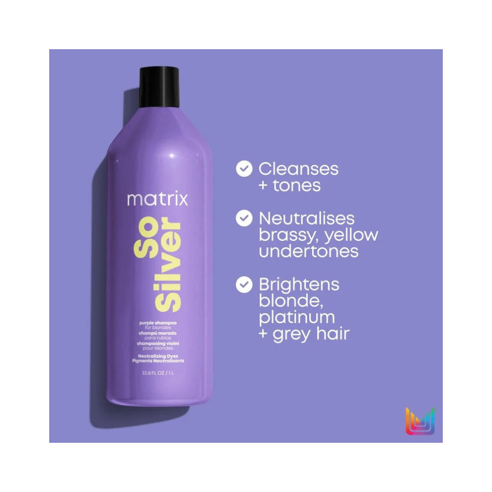 Purple Matrix So Silver shampoo bottle with black cap on a purple background, highlighting toning benefits.