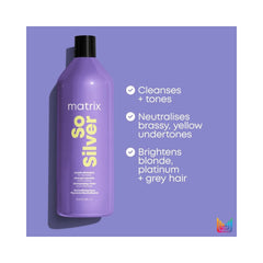 Purple Matrix So Silver shampoo bottle with black cap on a purple background, highlighting toning benefits.