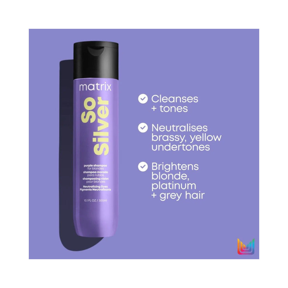Purple Matrix So Silver shampoo bottle on a purple background with text highlighting toning and brightening benefits.