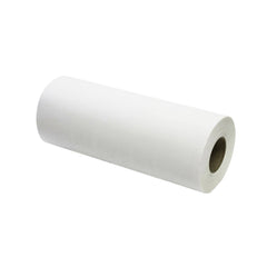 A roll of white couch or head roll paper towels with easy tear perforations, 20 inches in width.