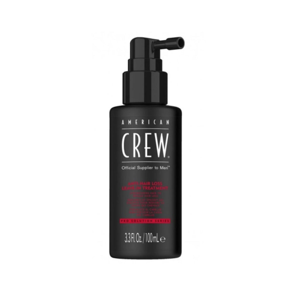 A black bottle with a pump dispenser labeled 'American Crew Anti-Hair Loss Leave-In Treatment' with red and white text, indicating a 30 ml volume.
