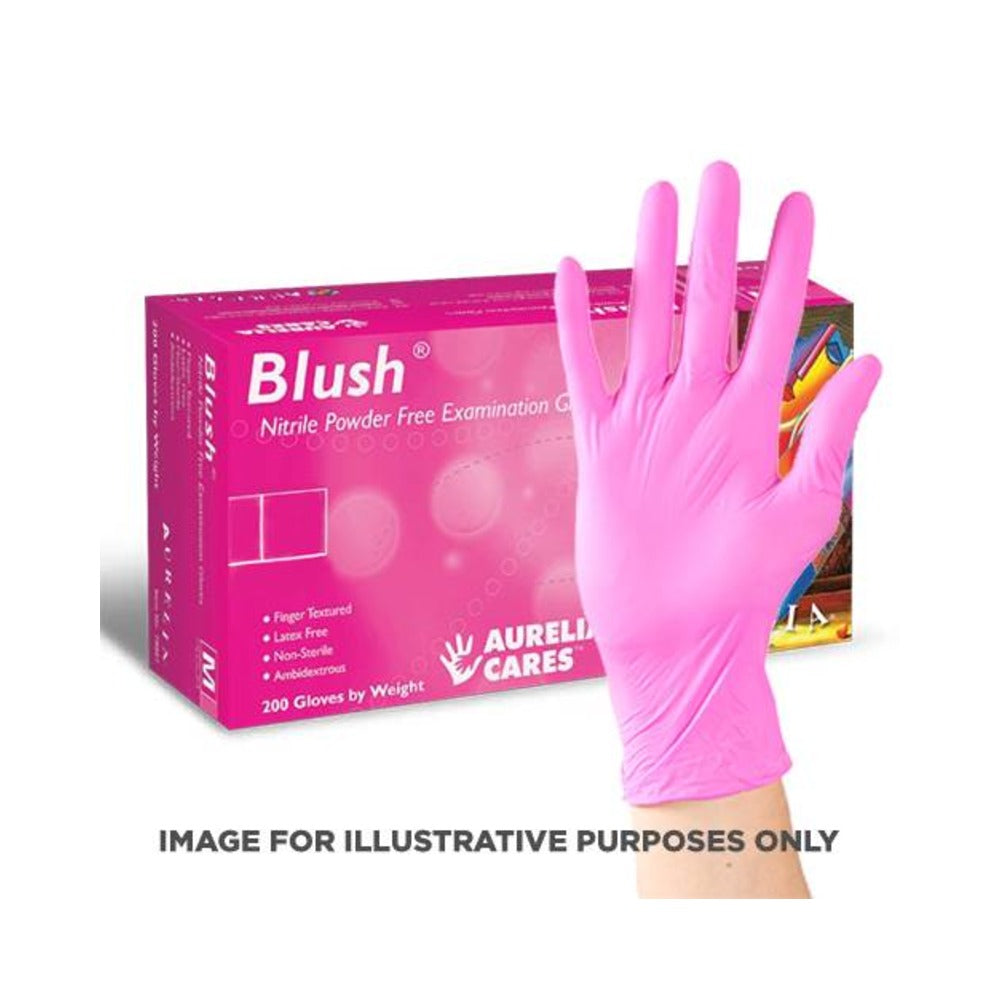 A box of pink nitrile powder-free gloves with a single glove displayed on a human hand, indicating the fit and color. The box is labeled 'Blush' and mentions the product details.