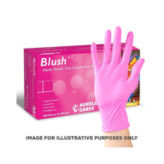 A box of pink nitrile powder-free gloves with a single glove displayed on a human hand, indicating the fit and color. The box is labeled 'Blush' and mentions the product details.