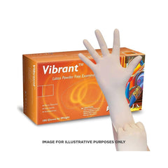 Orange box of gloves behind a pair on hands wearing a white glove on a white background. 