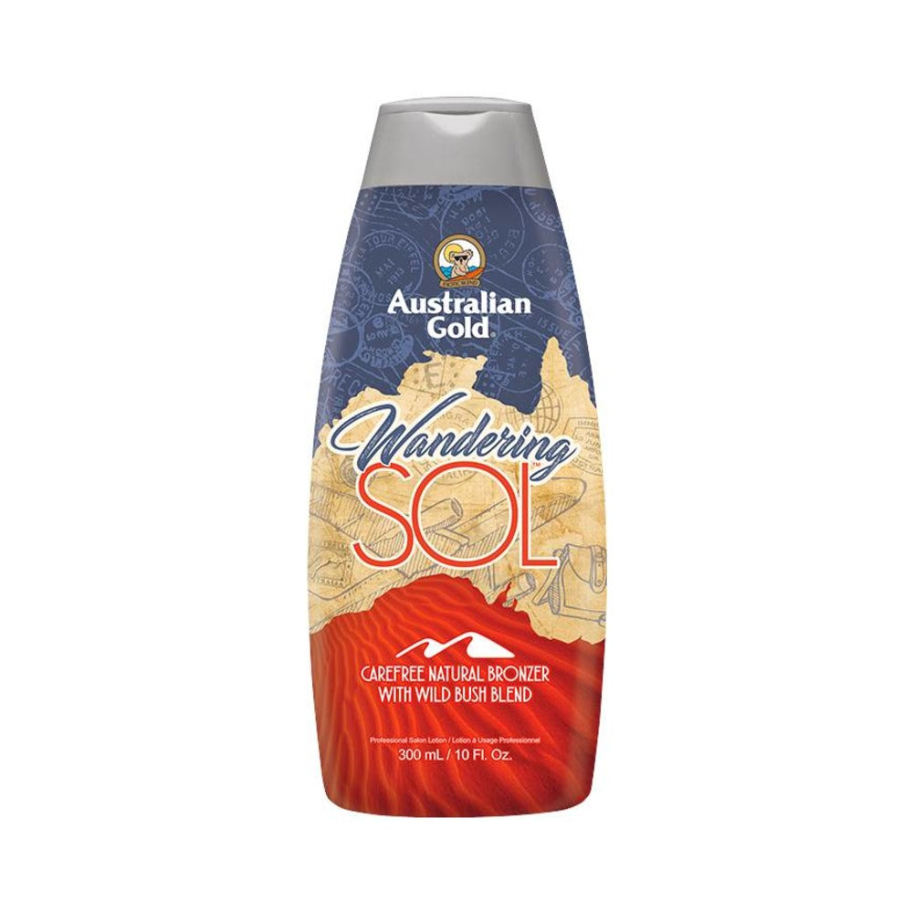 Bottle of Australian Gold Wandering Sol tanning lotion with a blue and orange design, featuring an image of an Australian landscape and a white cap wave logo.