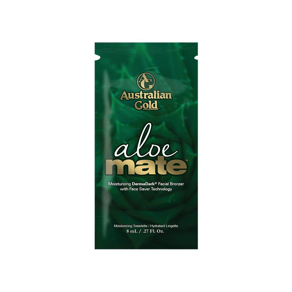 Australian Gold Aloe Mate towelette packaging with green and black colors featuring product name and description.