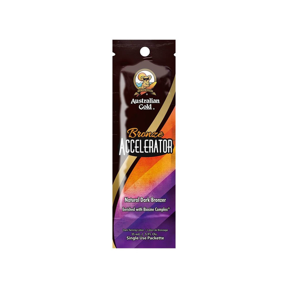 Australian Gold Bronze Accelerator sachet with a graphic design and product information.