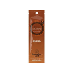 A 15ml sachet of Australian Gold Bronze Sunshine tanning lotion featuring a brown color scheme and the brand's logo.