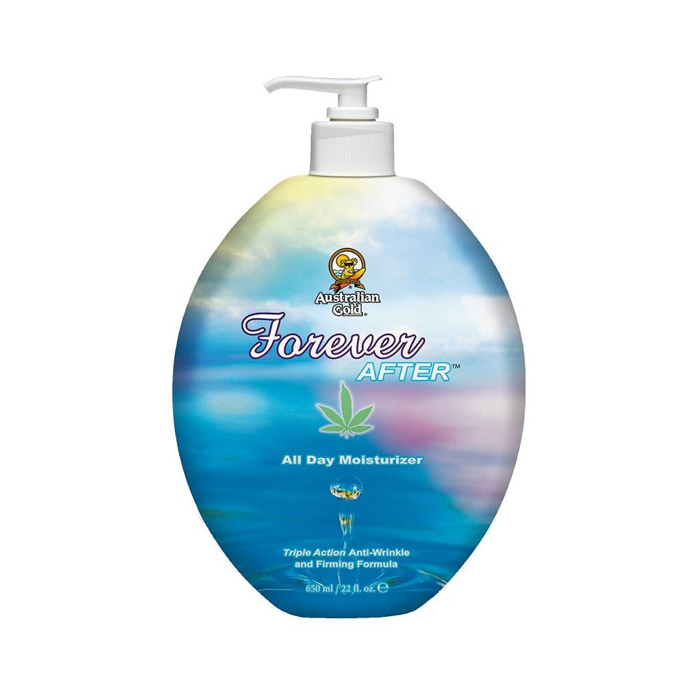Australian Gold Forever After All Day Moisturiser bottle with pump, predominantly blue with multicolor design and product information text.