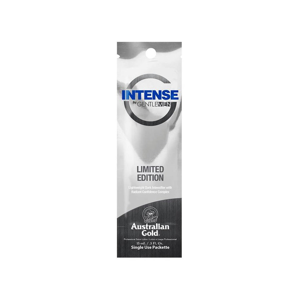 A packet of Australian Gold G Gentlemen Intense tanning lotion with a 'Limited Edition' tag and the scent marked as 'Rugged'.