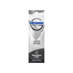 A packet of Australian Gold G Gentlemen Intense tanning lotion with a 'Limited Edition' tag and the scent marked as 'Rugged'.