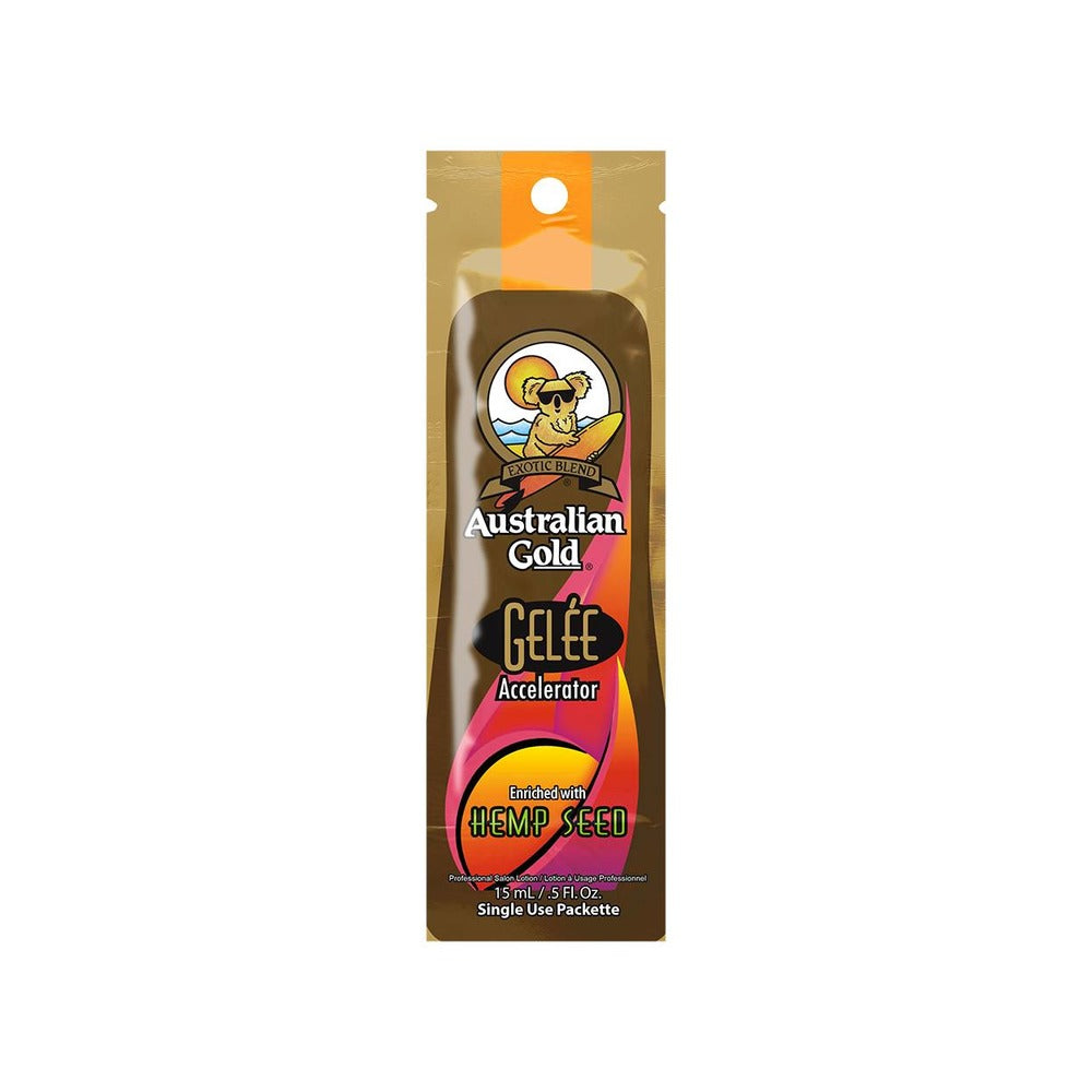 Australian Gold Gelée Accelerator sachet for tanning, with a picture of a woman in a bikini on the packaging.