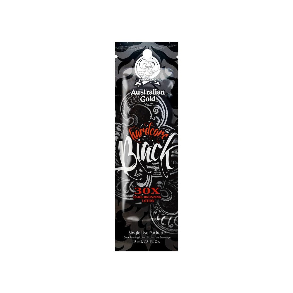 A 15ml sachet of Hardcore Black on a white background. 