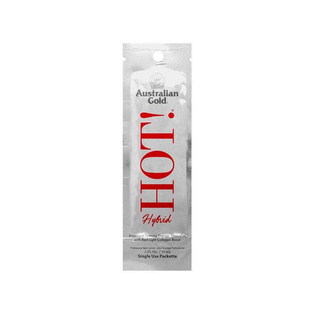 Australian Gold Hot! Hybrid sachet for tanning, with red and white packaging.
