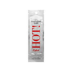 Australian Gold Hot! Hybrid sachet for tanning, with red and white packaging.