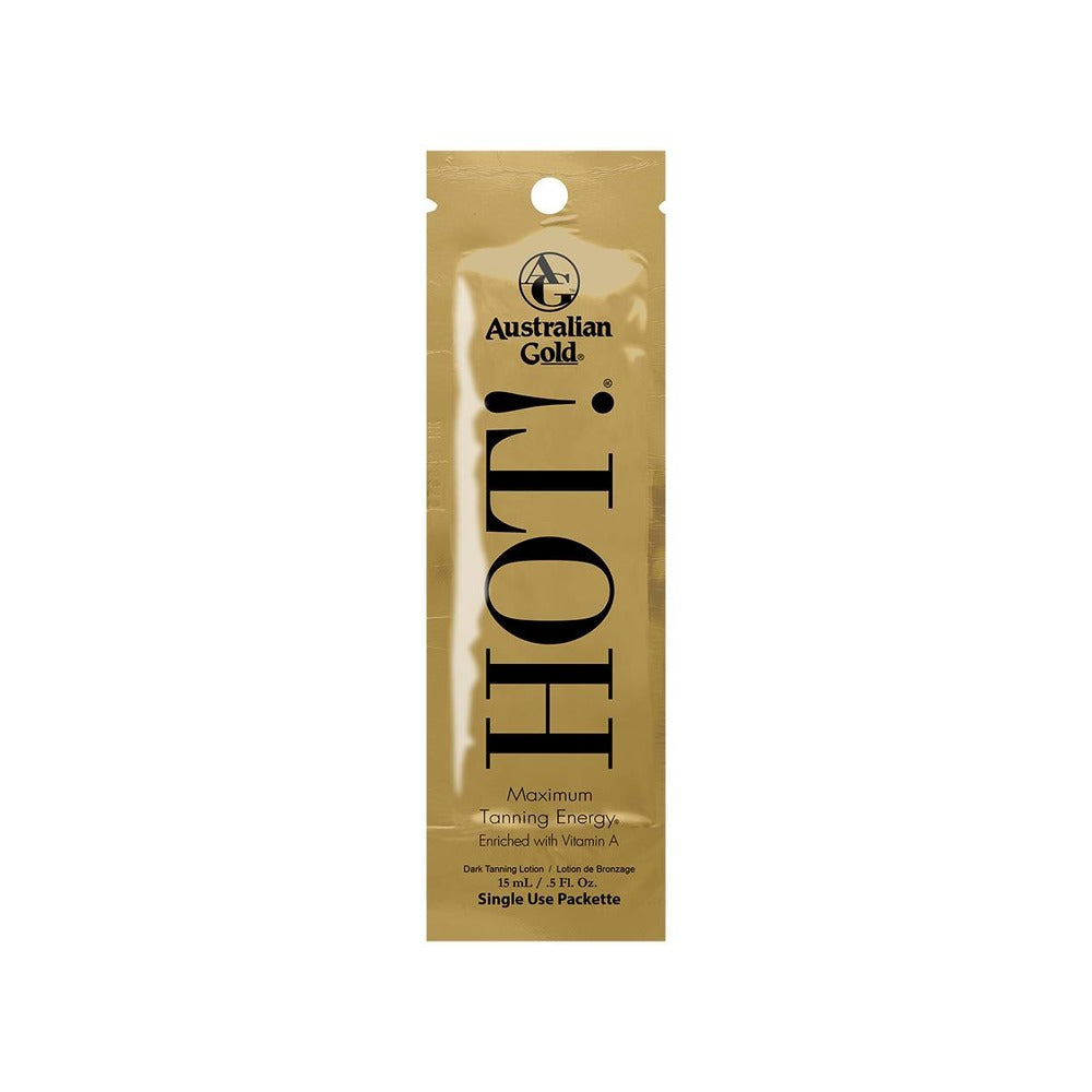 Australian Gold Hot! sachet, with a gold color packaging, related to beauty and tanning products.