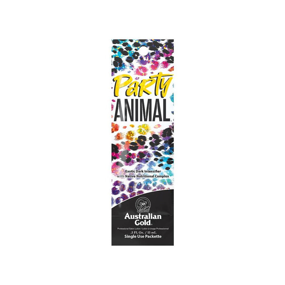 Australian Gold Party Animal sachet with a colorful design featuring wild berry and lavender fragrance, containing a tanning intensifier.