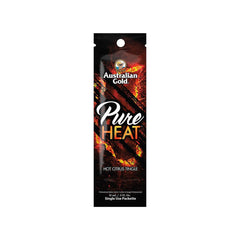 Australian Gold Pure Heat tanning oil in a sachet with packaging that displays the brand and product name, along with images of citrus and a sunset.
