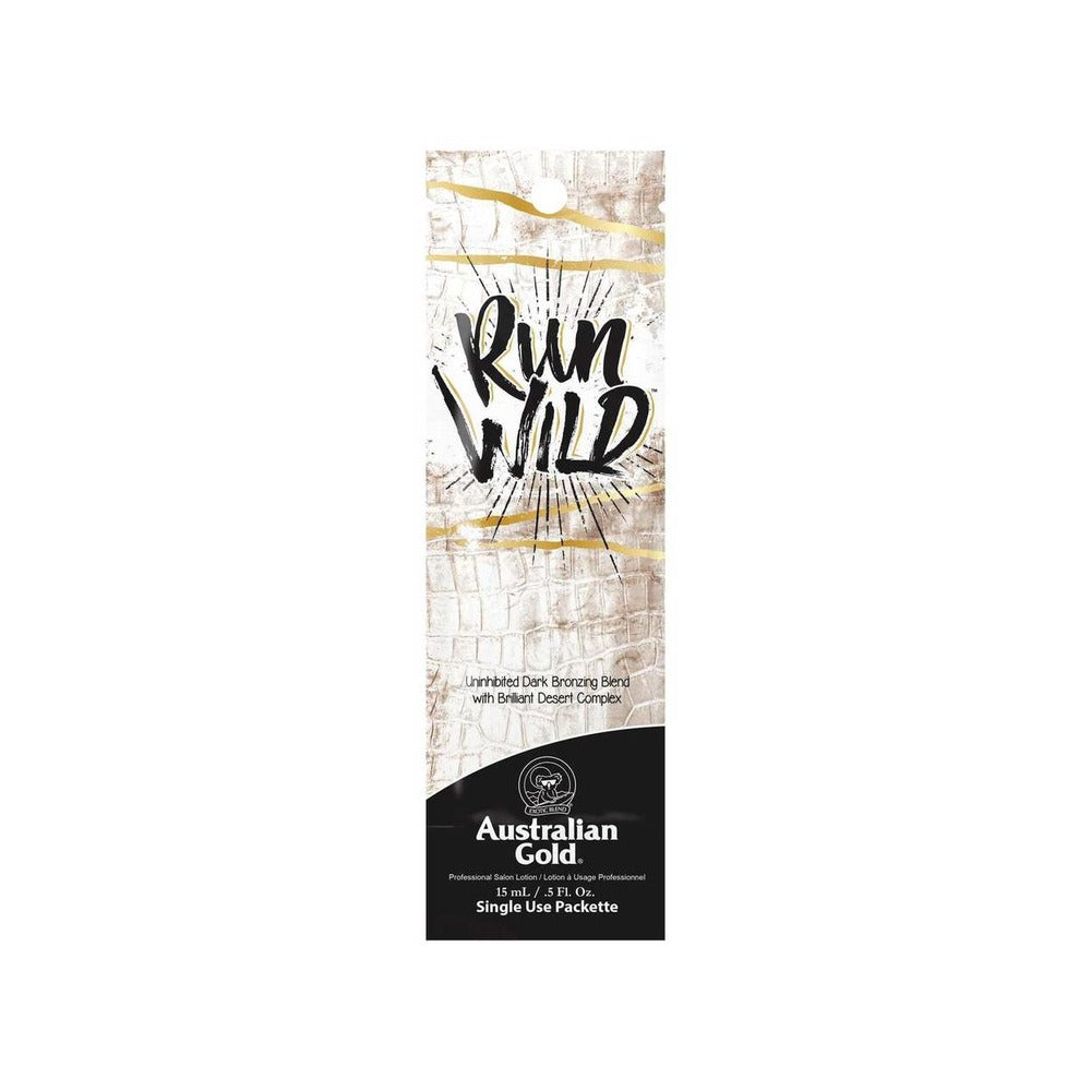 A sachet of Australian Gold Run Wild tanning lotion featuring the brand's logo, text and an image of a sunbed.