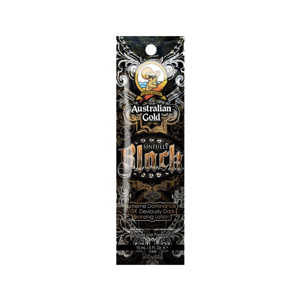 Australian Gold Sinfully Black sachet for indoor tanning, featuring a black and gold color scheme with decorative fonts and an image of a sun.