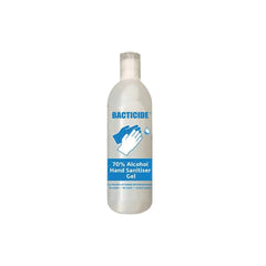 A pump bottle of Bacticide Alcohol Hand Gel with a label indicating 70% alcohol volume.