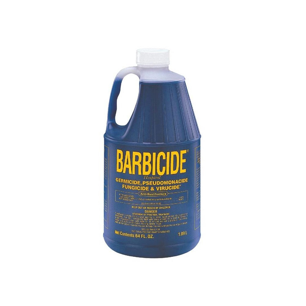 A blue bottle of Barbicide Solution with a white cap. The label is yellow with text and branding.