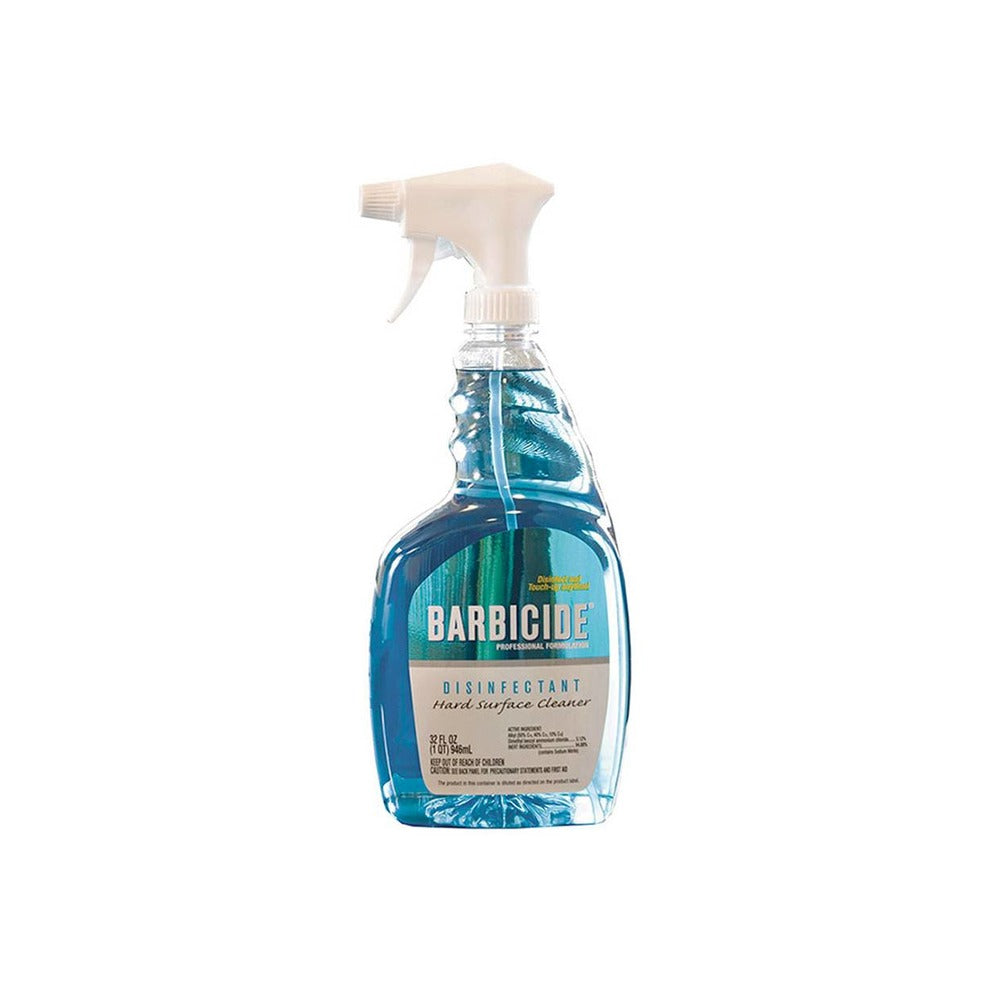Blue liquid in a clear spray bottle with a white sprayer on a white background.