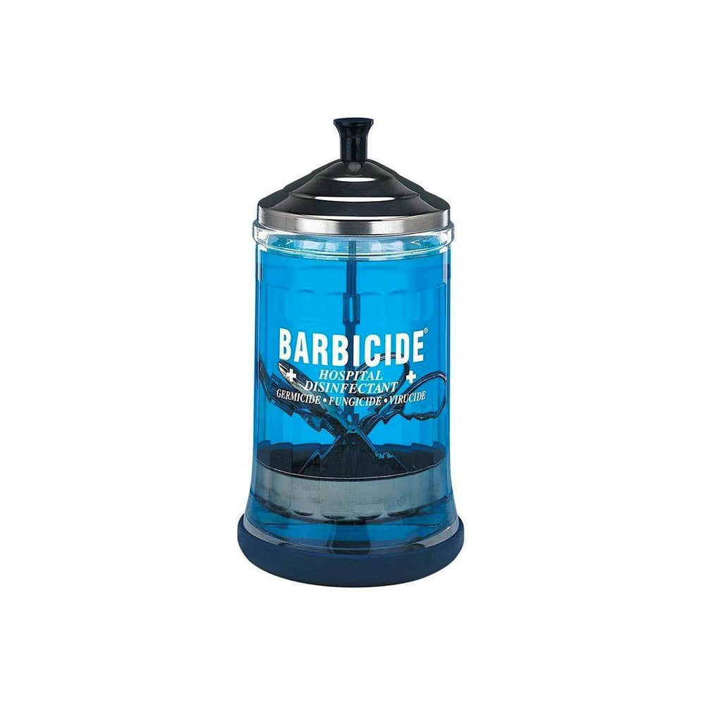 Barbicide Sterilising Glass Jar with a stainless steel lid and a label that includes the brand name and 'Hairdressing & Cosmetology', with a clear blue disinfectant solution visible inside the jar.
