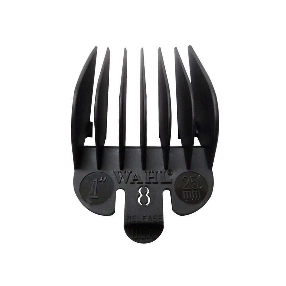 A black Wahl plastic attachment comb for hair clippers, marked with 'No. 8 25mm'.
