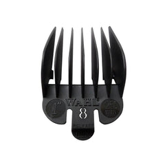 A black Wahl plastic attachment comb for hair clippers, marked with 'No. 8 25mm'.